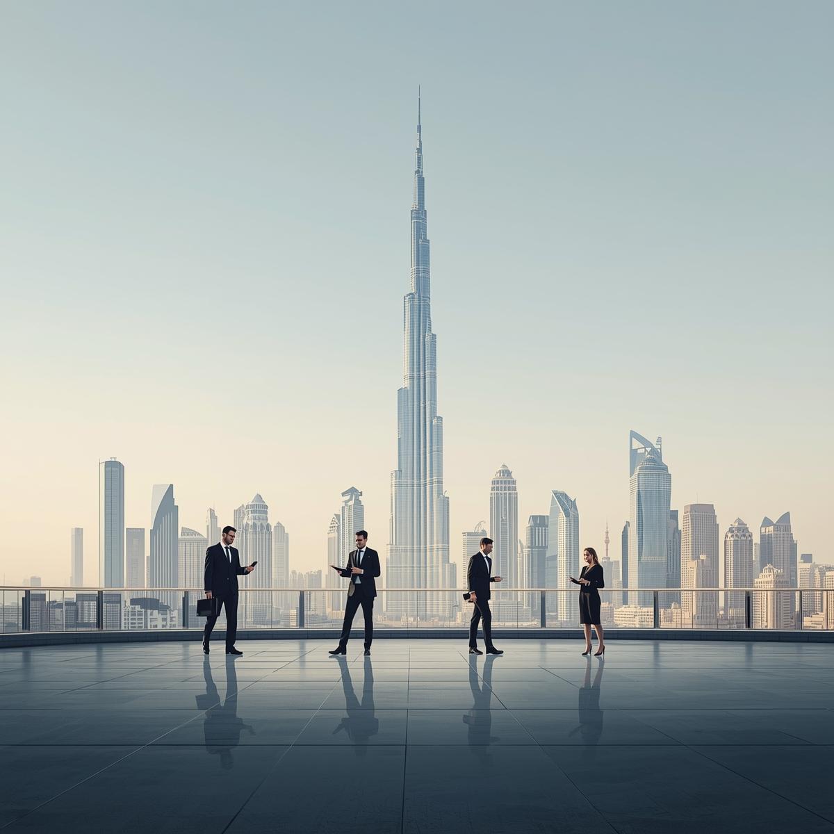 i want you to create a realistic digital illustration for digital media marketing. no logos, in the background, show the dubai skyline with burj khalifa